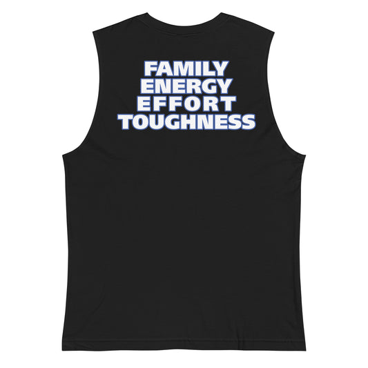 FAMILY, ENERGY, EFFORT, TOUGHNESS Blue Outline Back Print Muscle Shirt