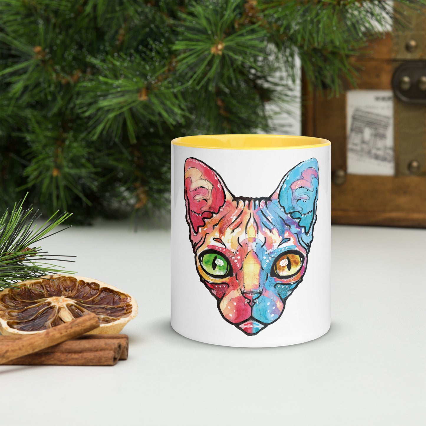Colorful Cat Mug with Color Rim, Handle, and Inside